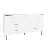 Mercer41 Seven Drawers Large Chest Of Drawer Cabinet With Golden Handle And Golden Legs White Colour