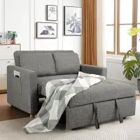 Hokku Designs VIBESPARK 49" Linen Convertible Pull Out Loveseat Sleeper Sofa Bed, 2 Seater Sofa With Pull Out Bed For Sm