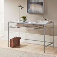 17 Stories Contemporary Metal Writing Desk With Tempered Glass Top And Drawer