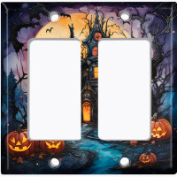 WorldAcc Metal Light Switch Plate Outlet Cover (Halloween Spooky Pumpkin Manor - Double Rocker)