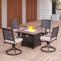 Lark Manor 5 Piece Patio Dining Set With Swivel Chairs & Fire Pit Table