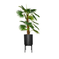 Primrue Artificial fan palm tree in Black Chevron planter|63.5'' fake fan palm tree|Primrue