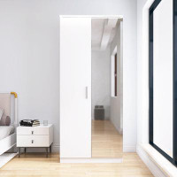 Latitude Run® Roma LED Freestanding Wardrobe Cabinet Mirrored Gloss Cherry 2-Door With Inside 2-Drawer