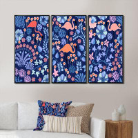 Red Barrel Studio Tropical Plants With Flamingo In Indigo - Patterned Framed Canvas Wall Art Set Of 3