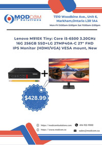 PC OFF LEASE Lenovo M910X Tiny: Core i5-6500 3.20GHz 16G 256GB SSD + New LG 27MP40A-C 27 FHD IPS Monitor For Sale!!!