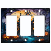 WorldAcc Metal Light Switch Plate Outlet Cover (Halloween Spooky Pumpkin Manor - Triple Rocker)