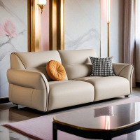 ULTORU 86.61" Beige Genuine Leather Standard Sofa cushion couch