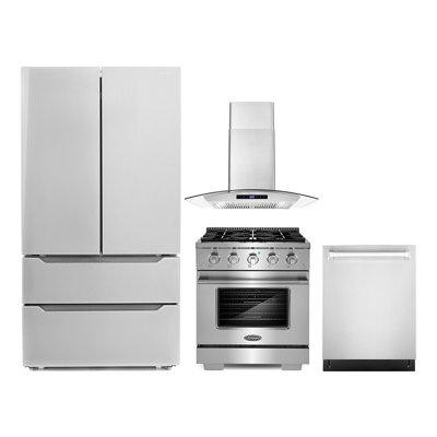 Cosmo 4 Piece Kitchen Package with French Door Refrigerator & 30" Freestanding Gas Range in Refrigerators