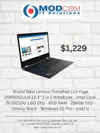 New Lenovo ThinkPad L13 Yoga 13.3 2 in 1 Notebook, Intel Core i5-10210U 1.60 GHz, 8GB RAM, 256GB SSD, Windows 10 Pro
