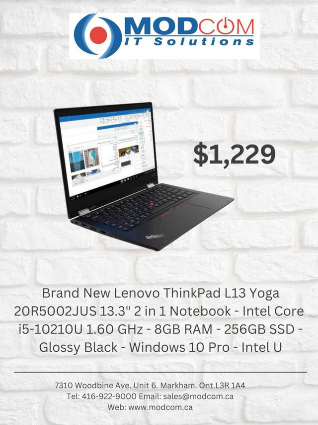 New Lenovo ThinkPad L13 Yoga 13.3 2 in 1 Notebook, Intel Core i5-10210U 1.60 GHz, 8GB RAM, 256GB SSD, Windows 10 Pro in Laptops