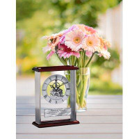 AllGiftFrames Personalized Desk Clock Da Vinci Gear Encased Glass Chrome With Wood Cherry Top And Base. Engraved Clock W