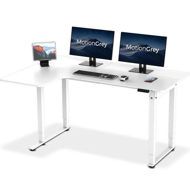 MotionGrey - Electric Height Adjustable Sit to Stand L Shape Desk - White (63 Inch Table Top) in Desks