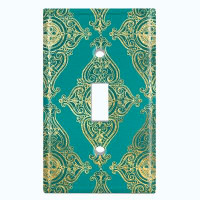 WorldAcc Metal Light Switch Plate Outlet Cover (Damask Yellow Elegant Diamond Green - Single Toggle)
