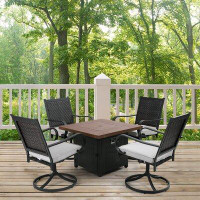 Lark Manor 5 Pieces Patio Chair And Fire Pit Set, Pe Wicker Rattan Outdoor Sectional Furniture, 4 Cushioned Chairs And 1
