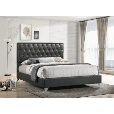 Orren Ellis Grey PU Bed With Diamond Pattern Button Details And Chrome Legs - 78'' King