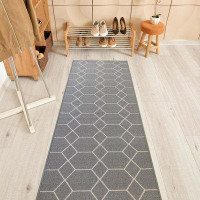 Ebern Designs Custom Length Runner Rug And Stair Runner 26'' Wide Choose Your Length Hexagon Design Grey Color_Door Mat