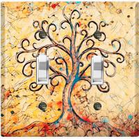 WorldAcc Metal Light Switch Plate Outlet Cover (Abstract Autumn Tree Yellow - Double Toggle)