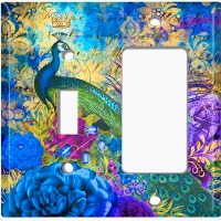 WorldAcc Metal Light Switch Plate Outlet Cover (Peacock Crown Flower - (L) Single Toggle / (R) Single Rocker)