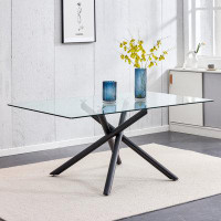 Wrought Studio Large Modern Minimalist Rectangular Glass Dining Table For 6-8 With 0.39" Tempered Glass Tabletop And Bla