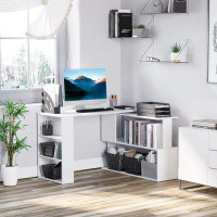 Latitude Run® Homcom White L-shaped Corner Desk With 360° Rotation, Home Office Desk Featuring Storage Shelves And Writi