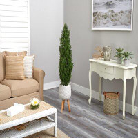 Primrue 5Ft. Cedar Artificial Tree In White Planter With Stand (Indoor/Outdoor)