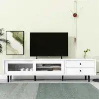 Corrigan Studio Chic Elegant Design TV Stand With Sliding Fluted Glass Doors, Slanted Drawers Media Console For Tvs Up T