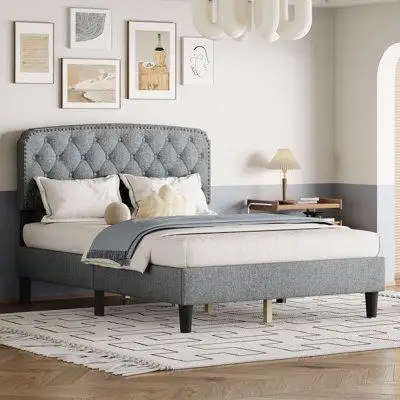 Winston Porter King Size Linen Upholstered Platform Bed With Button Tufting And Nailhead Trim