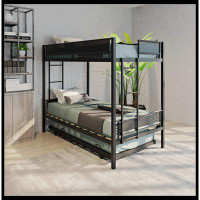 17 Stories Metal Twin Over Twin Bunk Bed With Trundle/ Sturdy Metal Frame/ Noise-Free Wood Slats/ Comfortable Textilene