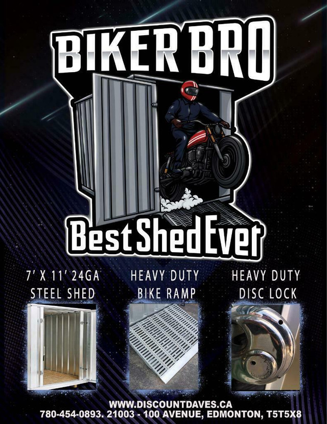 BIKER BRO - Motorcycle and Tool Steel Container – 7’ X 11' foot steel shed, deluxe bike ramp and disc lock. in ATV Parts, Trailers & Accessories in Red Deer