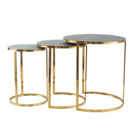 Benjara 24, 22, 21 Inch Nesting Table, Gold Stainless Steel, Vegan Faux Leather Top