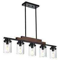 17 Stories 5-Light Dining Room Light Fixture,Black Farmhouse Chandelier With Clear Glass Shade And Wood Kitchen Island P