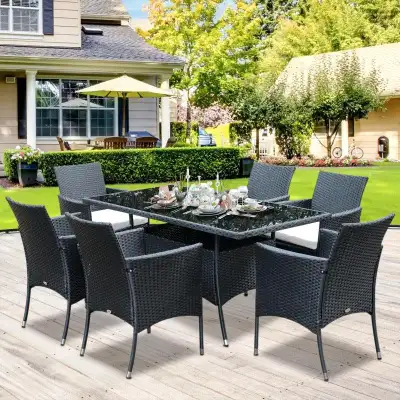 7pc PE Rattan Wicker Dining Set w 6 Chairs & Glass Table Top, Outdoor Patio, Black, Cream Beige