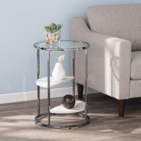 Orren Ellis 24" Black Metal Glass And Faux Marble Round End Table With Two Shelves