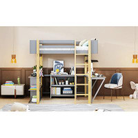 Harriet Bee Wood Loft Bed With Built-in Storage Cabinet and Cubes, Foldable Desk