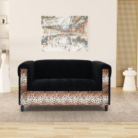 Mercer41 Black Velvet Loveseat Sofa For Living Room With Leopard Print