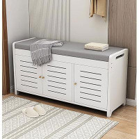 Rosecliff Heights White Bamboo Shoe Storage Bench With Three Doors And Padded Seat Cushion - Entryway Shoe Cabinet And B