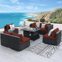 Hokku Designs Midfield 7 Piece Patio Wicker Deep Seating Sofa Set with Fire Pit Table and Cushions