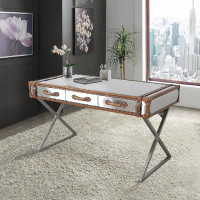 Pasargad Brookline Stainless Steel With Genuine Leather Desk, Brown