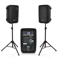 PYLE PPHP28AMX Speaker and Mixer Bundle Kit with Stands and Microphone (QC)