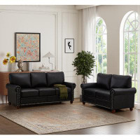 Alcott Hill Living Room Sofa With Storage Sofa 2+3 Sectional Black Faux Leather-34.5" H x 59.45" W x 31.89" D