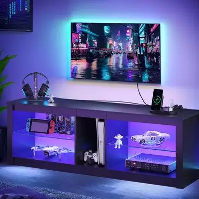 Wrought Studio LED TV Stand for 60" TV with Power Outlets, Gaming Entertainment Center with Adjustable Shelves