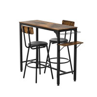 17 Stories 47.44"W Adjustable Industrial Bar Table Set: Wood Top, Metal Base, Bistro Whiskey Pub Style