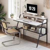 Hokku Designs Computer Desk With 2 Storage Drawers, Home Office Writing Desk, Study Table For Small Space,  White, Stora