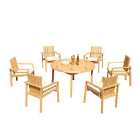 Teak Smith Grade-A Teak Dining Set: 118" Double Extension Rectangle Table And 6 Clipper Stacking Arm Chairs