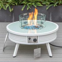 Latitude Run® Latitude Run® Walbrooke Modern White Round Patio Fire Pit With Slats Design & Wind Guard — Outdoor Tables