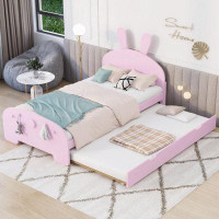 Zoomie Kids Wood Platform Bed With Cartoon Ears Shaped Headboard And Trundle