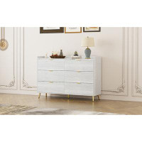 Mercer41 " Long 6 Drawer Dresser With Marbled Top, Modern Storage Cabinet, Metal Legs, White