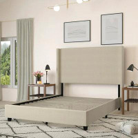Latitude Run® Latitude Run® Modern Queen Size Platform Bed Frame With Padded Faux Linen Upholstered Wingback Headboard A