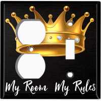 WorldAcc Metal Light Switch Plate Outlet Cover (My Room My Rules Princess Crown Black - (L) Single Duplex / (R) Single T