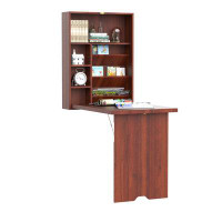antfurniture Homcom Wall Mounted Mahogany Desk: Fold Out Convertible, Multi-function Computer Table With Shelves For Hom